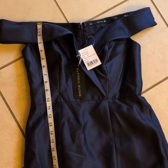 NWT Alfred Sung Off-The-shoulder Cuff Trumpet Gown Slit Midnight Navy Blue 6 - Picture 11 of 13